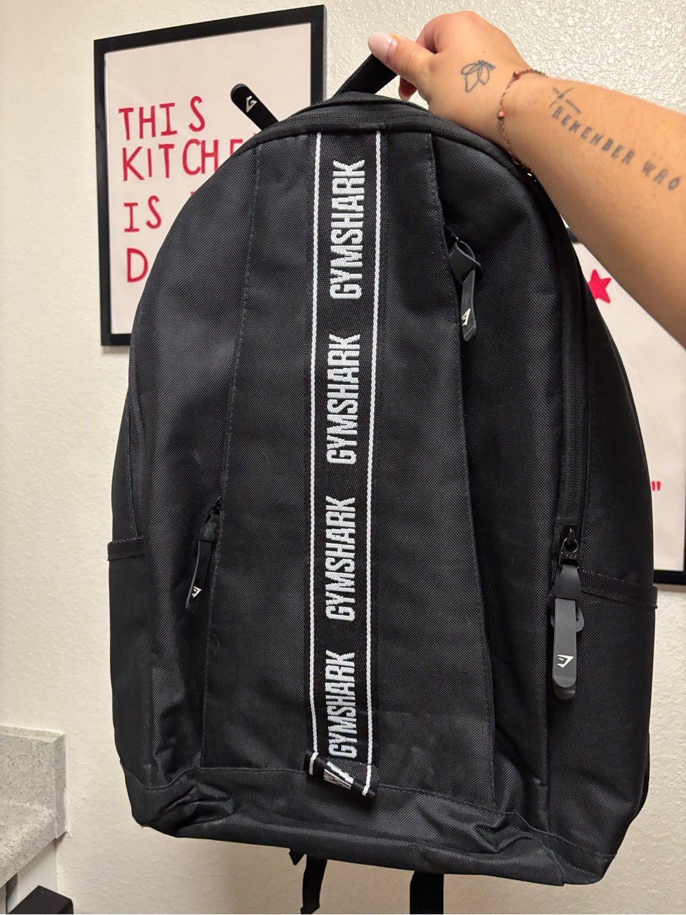 Gymshark Black Backpack with White Logo Tape